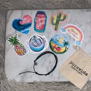 Pura Vida bracelet, stickers, and pouch